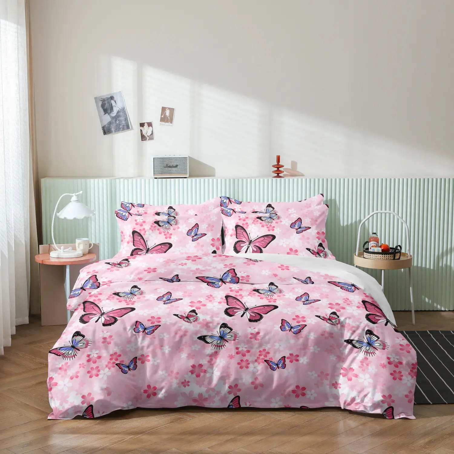 3 Pieces 3Pcs Pink Cherry Blossom Butterfly Duvet Cover Set, Pastel Floral Insect Printed Bedding, Soft Microfiber Romantic Style Bedding For Bedroom Home Decoration (1 Duvet Cover + 2 Pillowcases, No Comforter No Pillow)