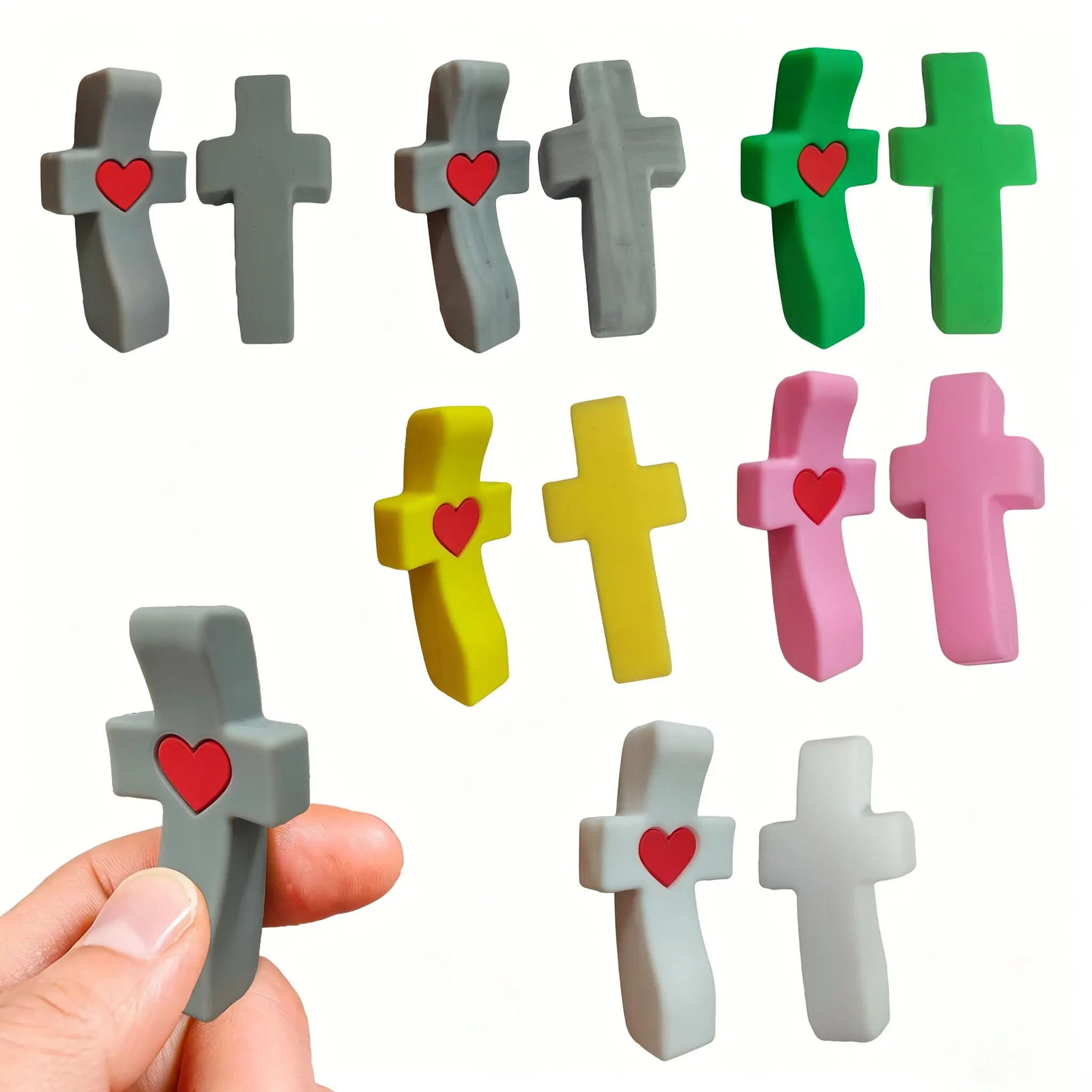 Silicone Pocket Cross with Heart, Mini Hand Held Prayer Cross, Stress Relief Toy, Christian Gift for Church Baptism Party Favors, Stress Relief Fidgets