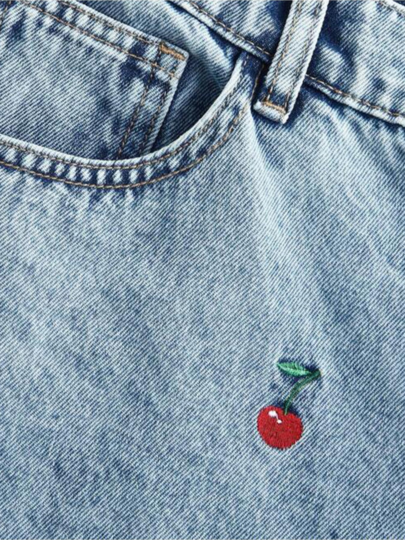 Women's Hand Embroidered Cherry Casual Straight Leg Wide Pants, Elegant Woven Denim Jeans, All Seasons Fashion, Comfortable Fit Trouser, Cute