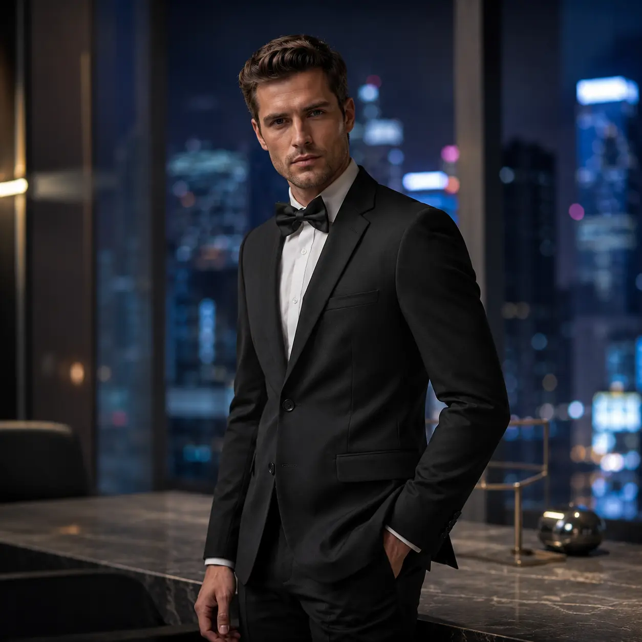 Men's Classical 4-Piece V-Neck Tuxedo Suit Set - Slim Fit Elegant Plain Long Sleeve Blazer, Vest, Straight Pants & Bow Tie for Weddings, Prom, Graduation, Basics Menswear