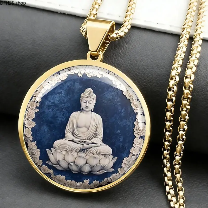 Buddha Lotus Pattern Stainless Steel Amulet Pendant With Blue Base, Retro Zen Wear-resistant Jewelry For Men Daily Personal Styling