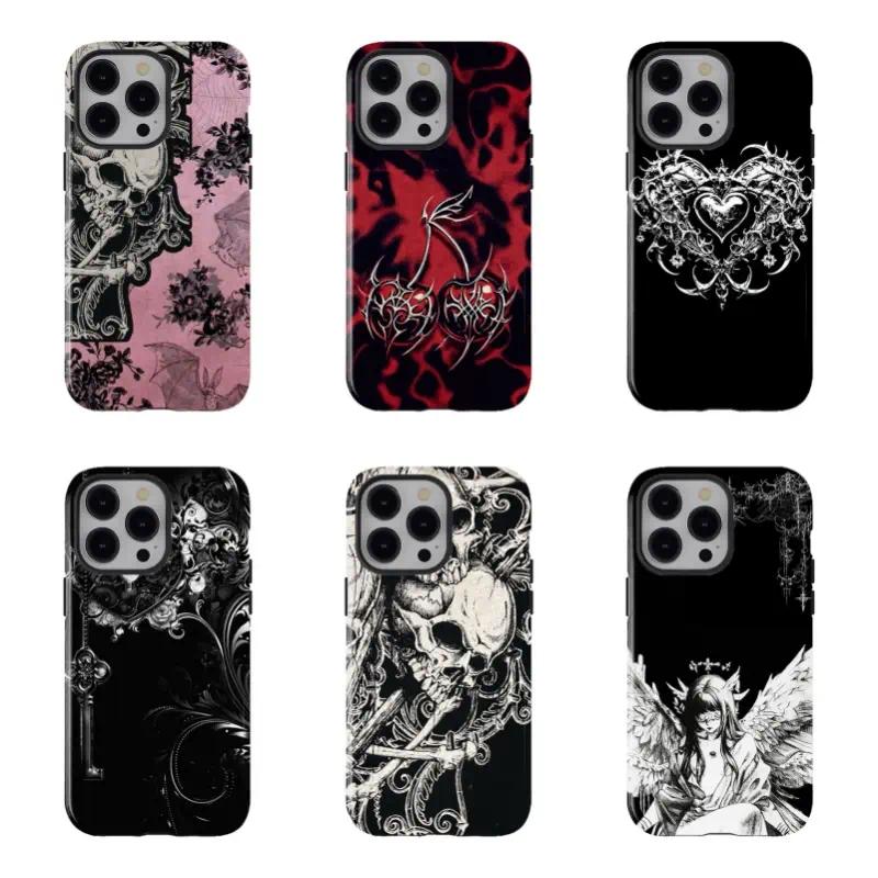 Dark Gothic Thorn Skull Punk Rose Heart Style Phone Cases For iPhone 17 16 15 14 13 12 Promax Pro Plus, Double-layer hard shell protection,best Gift