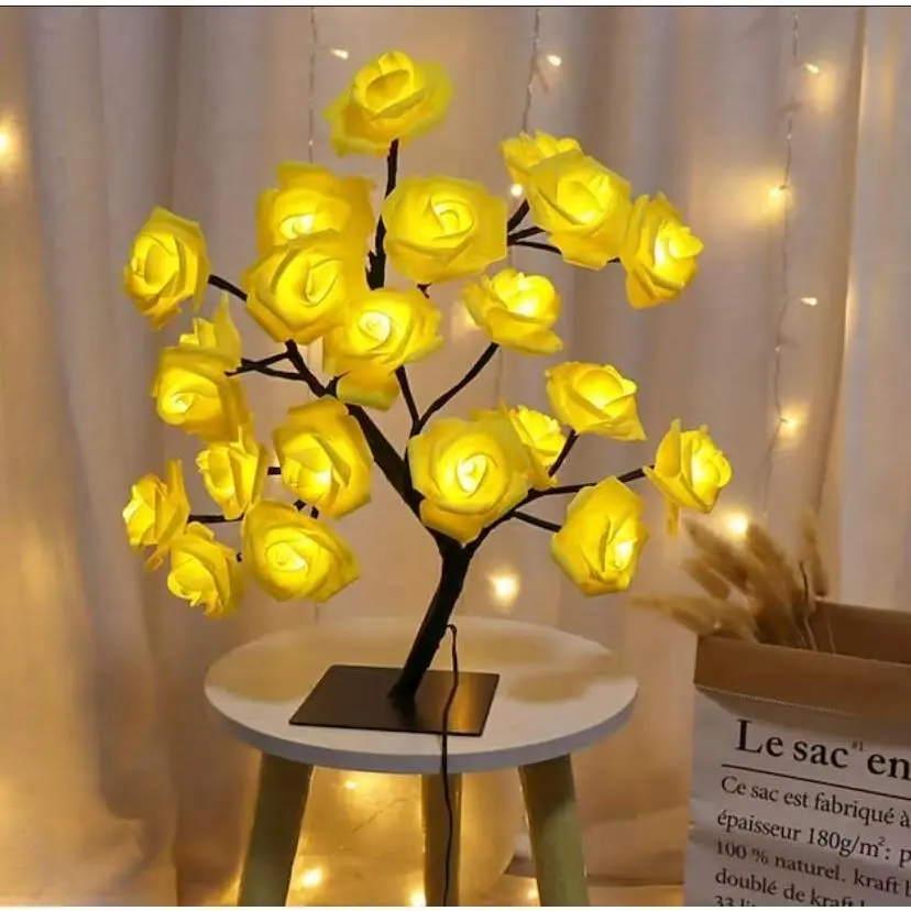 1pc 24 LED Yellow Light Rose Flower Lamp, Lighted Valentine Day Rose Tree with USB, Valentine Decor for Desk and Shelf Decorating Night Light, Gifts for Mother's Day, Valentines, Anniversary, Birthday, Valentine Day Lights Home Party Decor Light Gift