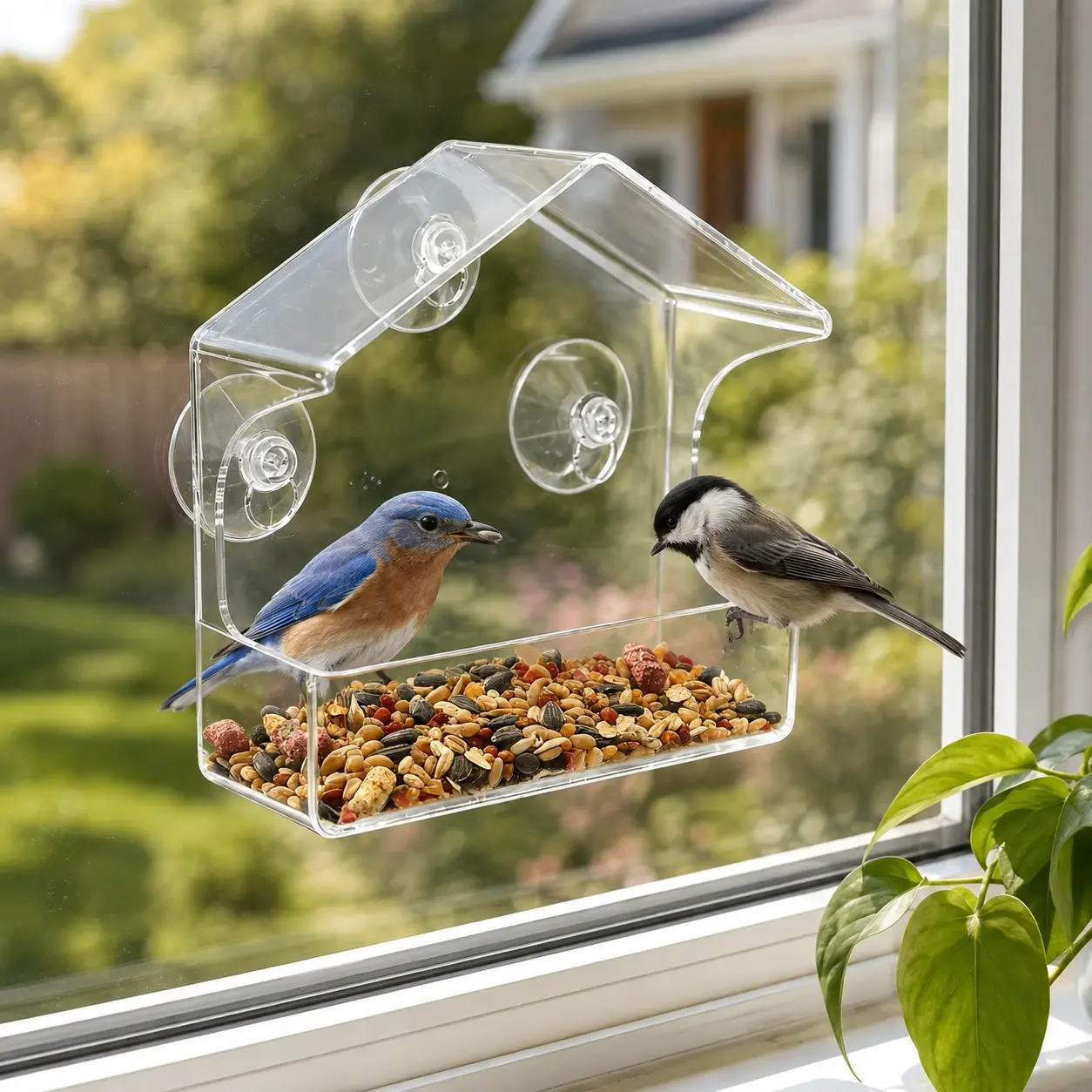 Clear Acrylic Window Bird Feeder with 3 Suction Cups and Open Seed Tray, House-Shaped Wild Bird Feeder, 1 Pack