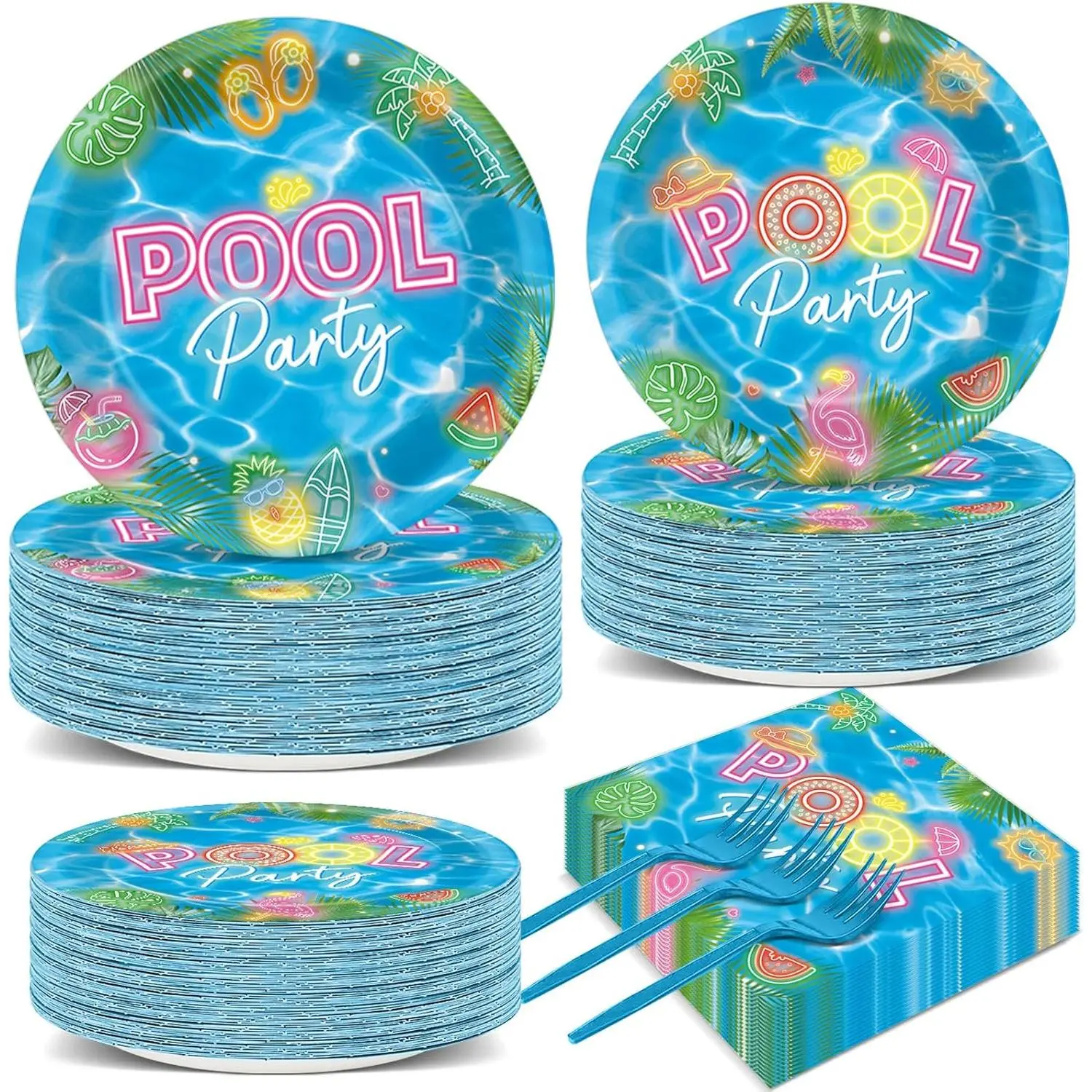 200Pcs Pool Party Plates and Napkins Neon Pool Party Decorations for Summer Beach Birthday Dessert Plates Glow Swimming Aloha Hawaiian Dinnerware Baby Shower Decor Serves 50