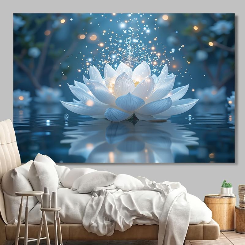 1pc Crystal Lotus Tapestry - Vibrant Blue & White Lotus Flower with Sparkling Lights, Polyester Wall Hanging for Living Room, Bedroom, Office Decor, Party Backdrop, Bedroom Decoration |     Serene Room Accent |     Detailed Petal Design, Lotus Flower Deco