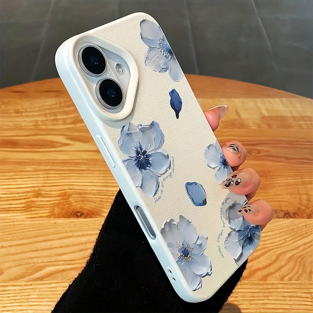Flower 1 piece white leather texture blue floral design phone case, customizable, compatible for iPhone 17 Pro Max Phone Case 17 Air 16E 16 15 Plus 14 13 12 11 X XS Max, full-coverage shockproof protective case, suitable as a gift for family and friends