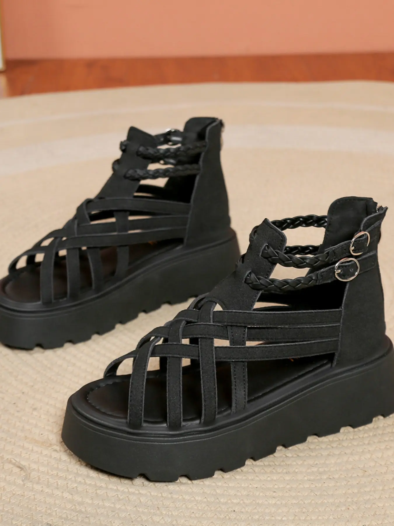 Women's Braided Dual Buckle Cutout Gladiator Platform Sandals Open Toe Lug Chunky Sole Ankle High Back Zipper Adjustable Strap Retro Summer Footwear Adjustable Strappy Sandals 3 Colors Black Cream Brown Boho Casual Sandals