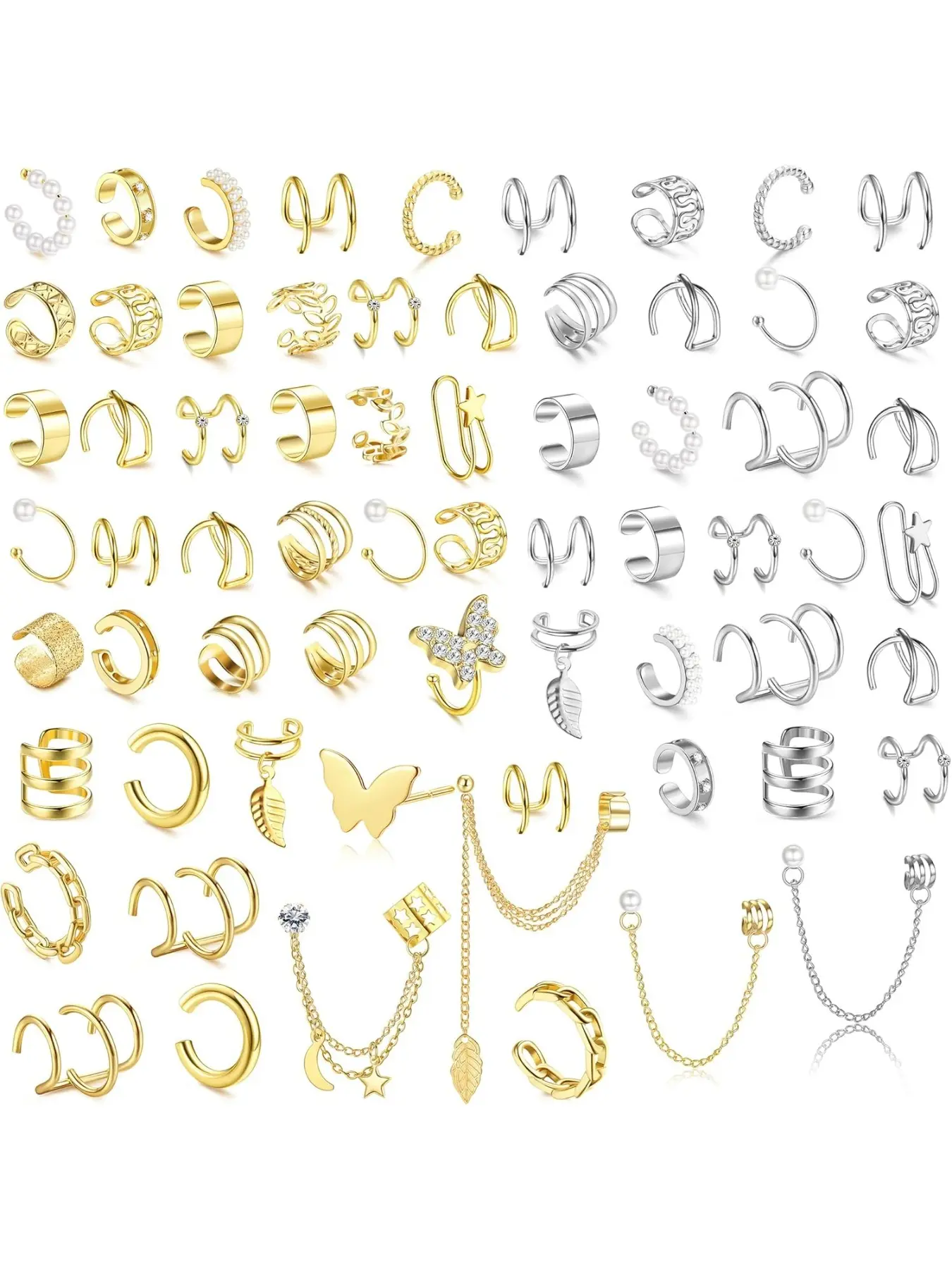 66 Pcs Ear Cuff Earrings for Women Non Piercing,Hypoallergenic Silver plated Clip on Fake Earrings for Sensitive Ears,Ear Wrap Earrings for Helix Cartilage,Cz Star Butterfly Ear Cuffs Non Piercing
