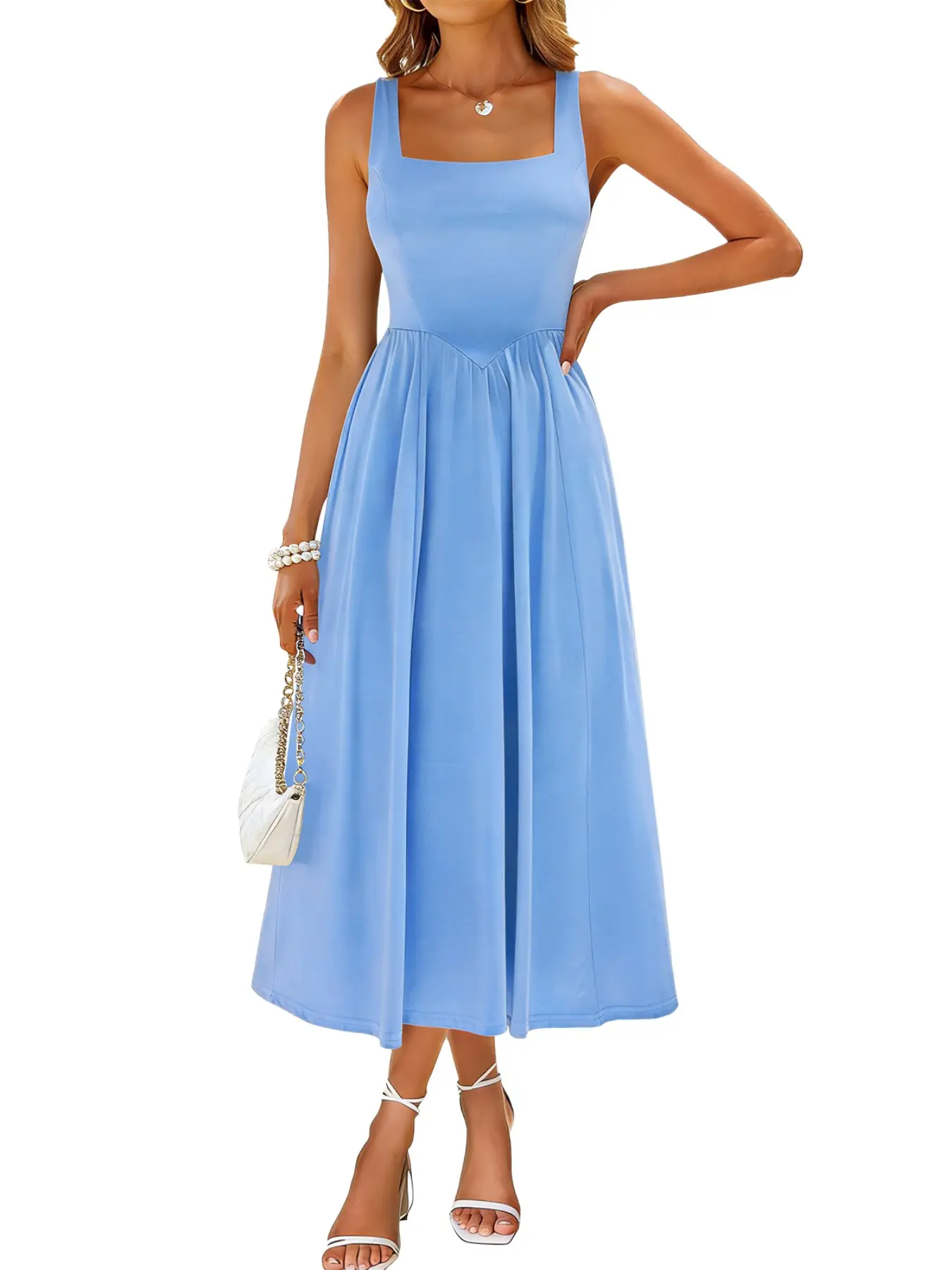 French Square Neck Midi Dress, Sleeveless Solid Color A-Line, Casual All-Season Dress with Pockets, Perfect for Beach, Shopping, Parties