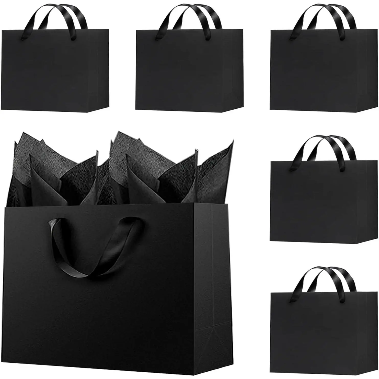 6 count Black  Bags, 8.7x3.9x7.1inch Paper Bag with Black Tissue Paper, Small 5-Sense Party Favor Bags (22x10x18cm)