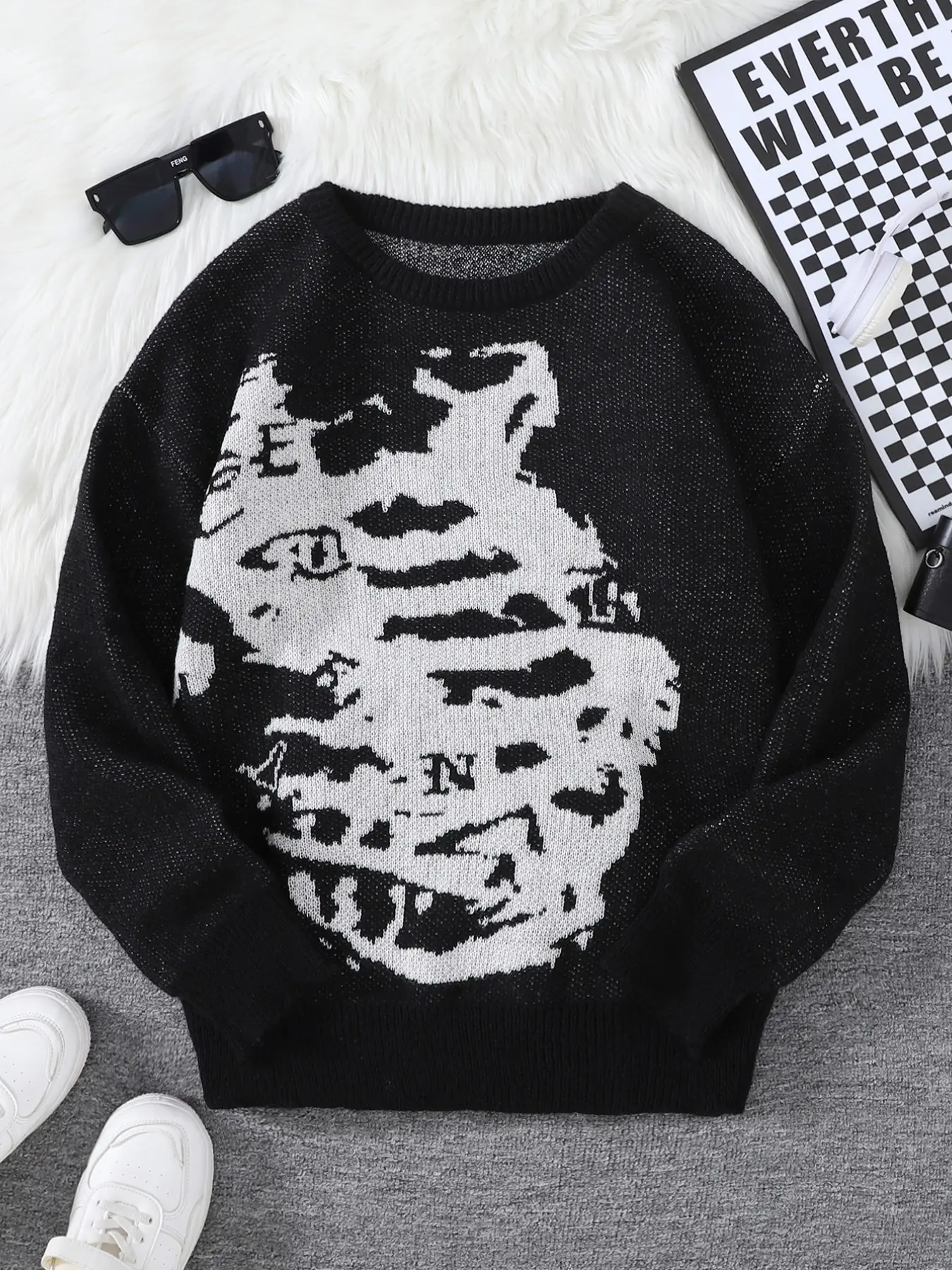 New Arrival Fall Winter Dinosaur Skeleton Pattern Pullover Sweater, Casual Round Neck Knit Men's Top, Unisex Daily Wear Outerwear