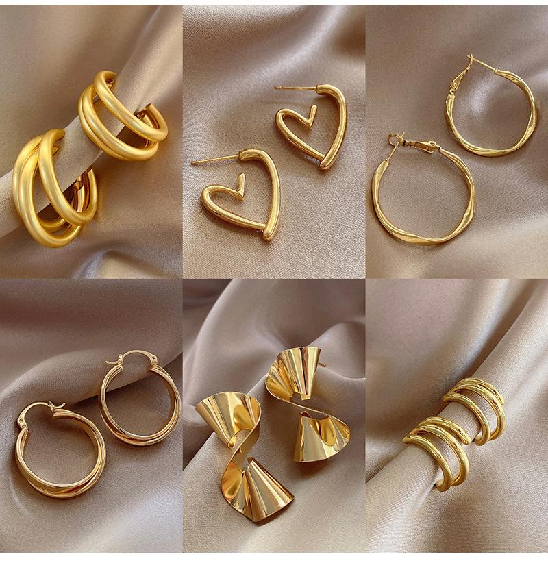 925 silver needle retro metal earrings, women's high-end geometric plain ring ear buckles, versatile and exaggerated commuting earrings