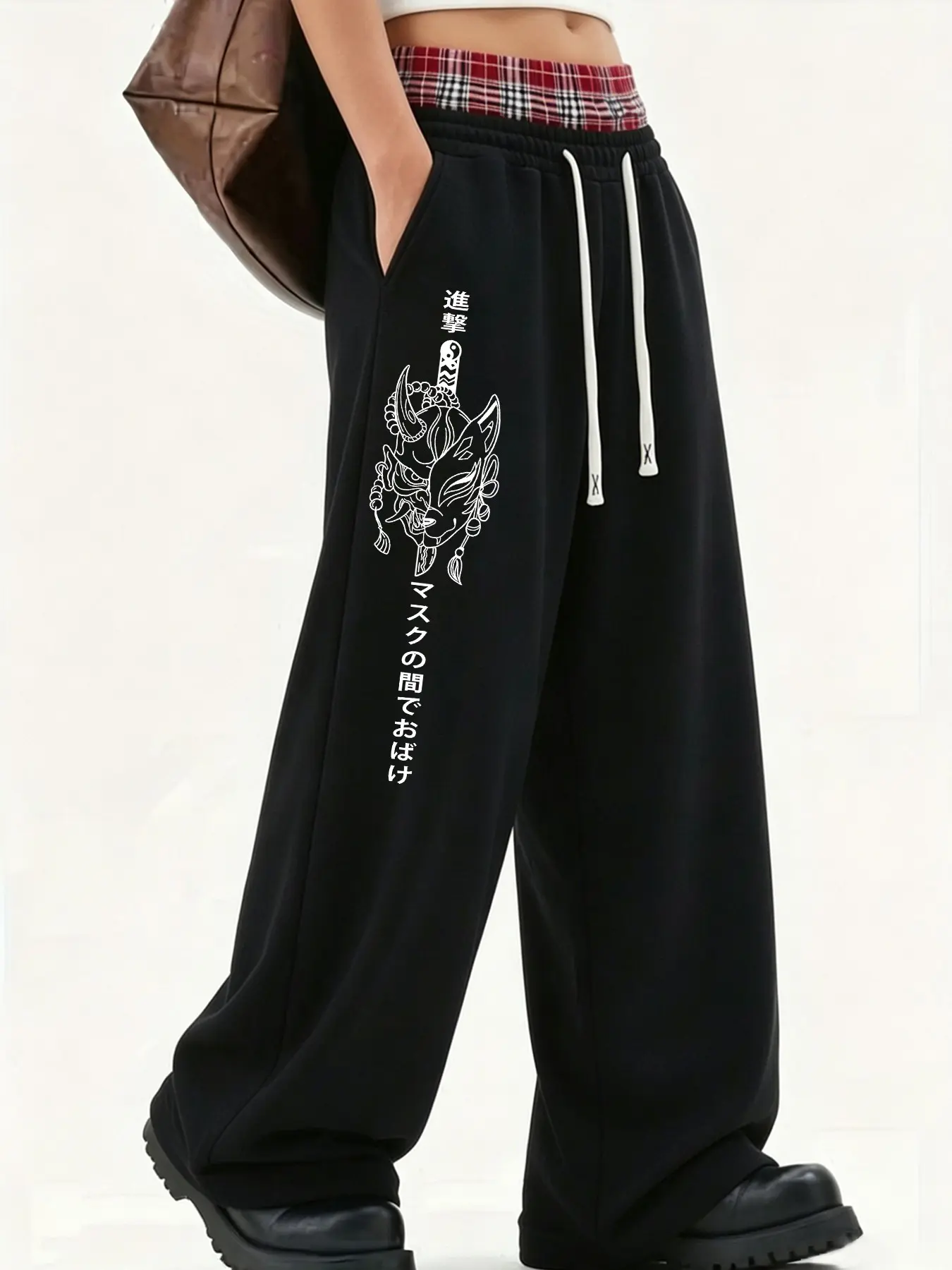 Checkered Fake Waistband Japanese Hannya Mask Print Loose-Fit Casual Sweatpants, Fall Fashion, Unlined, Comfortable & Stylish
