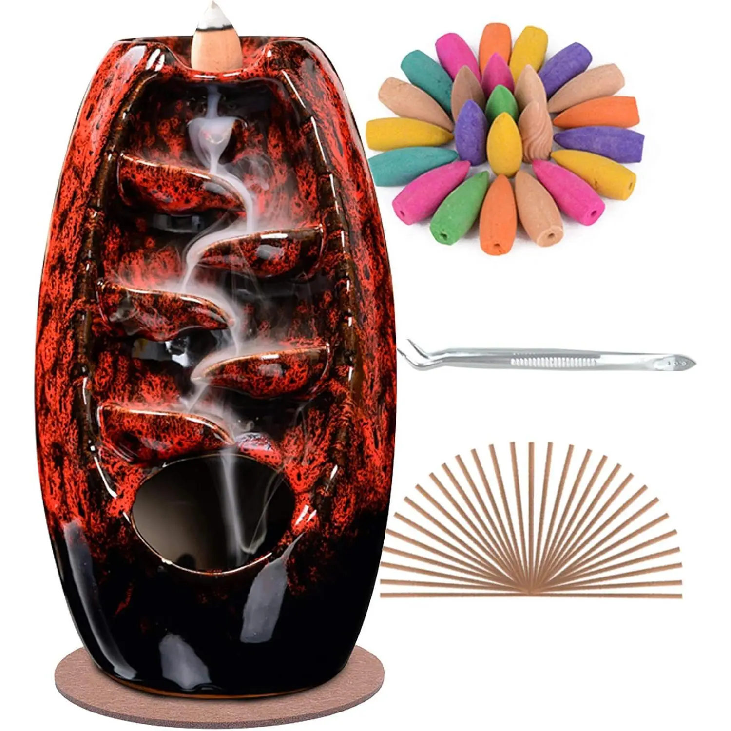 Ceramic Incense Burner Holder Waterfall, Aromatherapy Ornament Home Decor with 120 Backflow Incense Cones & 30 Stick, Red