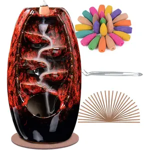Ceramic Incense Burner Holder Waterfall, Aromatherapy Ornament Home Decor with 120 Backflow Incense Cones & 30 Stick, Red