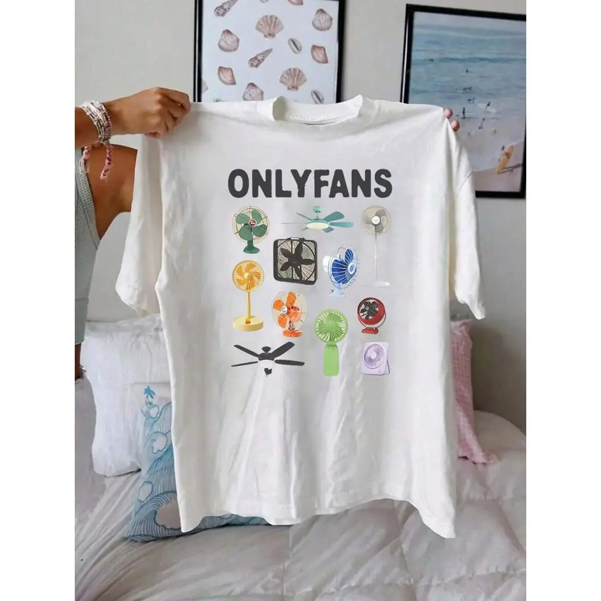 Flirla Women'S Casual Crew Neck T-Shirt With ONLYFANS Cartoon Print, Summer Knit Polyester Top With Elastane, Regular Length Short Sleeve Tee For Spring And Summer