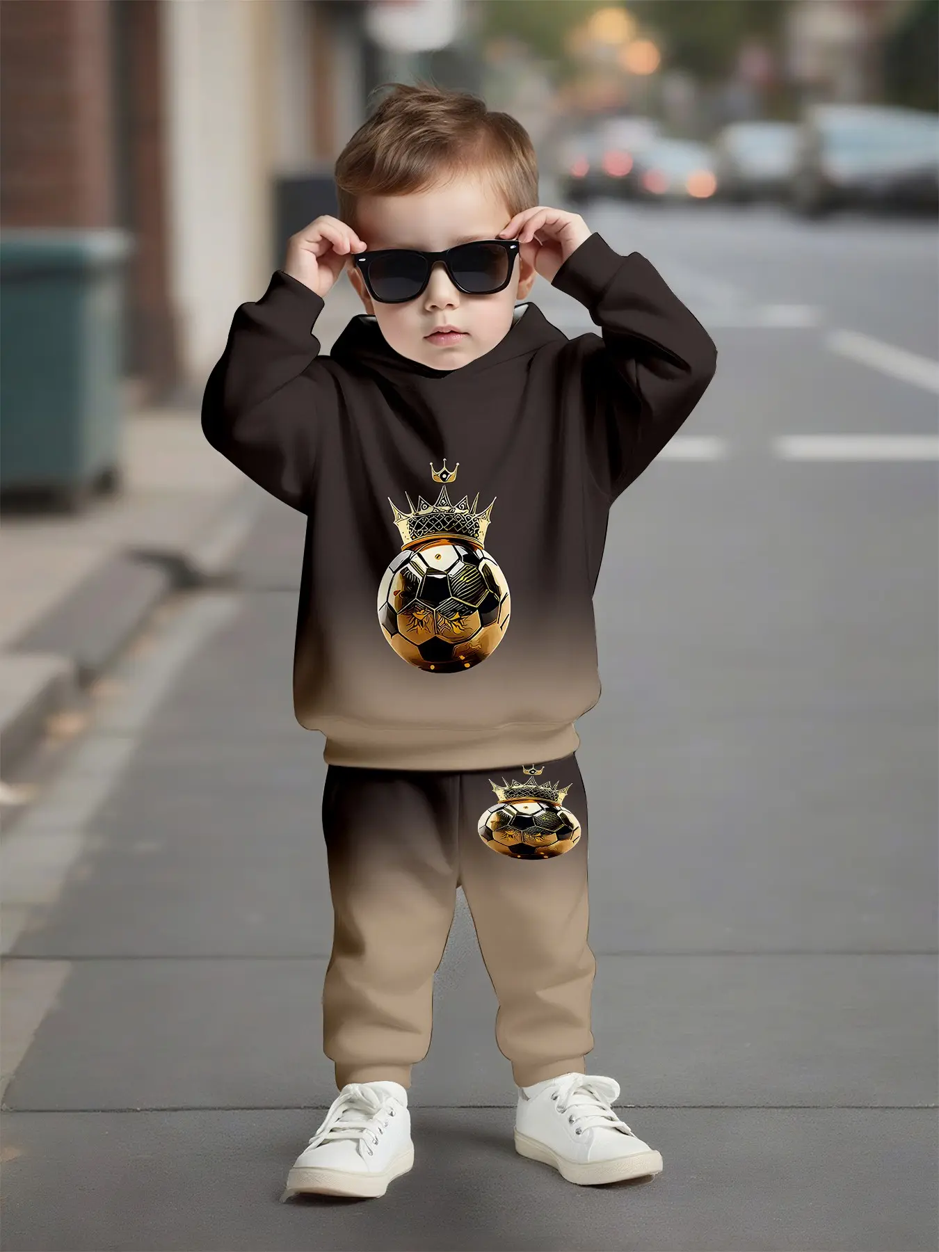 Boys' Gradient Crown Gold Ball Hooded Two-Piece Set, Stylish Long Sleeve Loose-Fit, Fall & Winter Casual Wear, Natural Waist Sweapants
