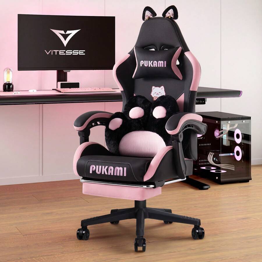 Pink Cat Gaming Chair for Girls, Cat Paw Lumbar Cushion + Cat Ears, Ergonomic Reclining Computer Chair with Footrest & Headrest