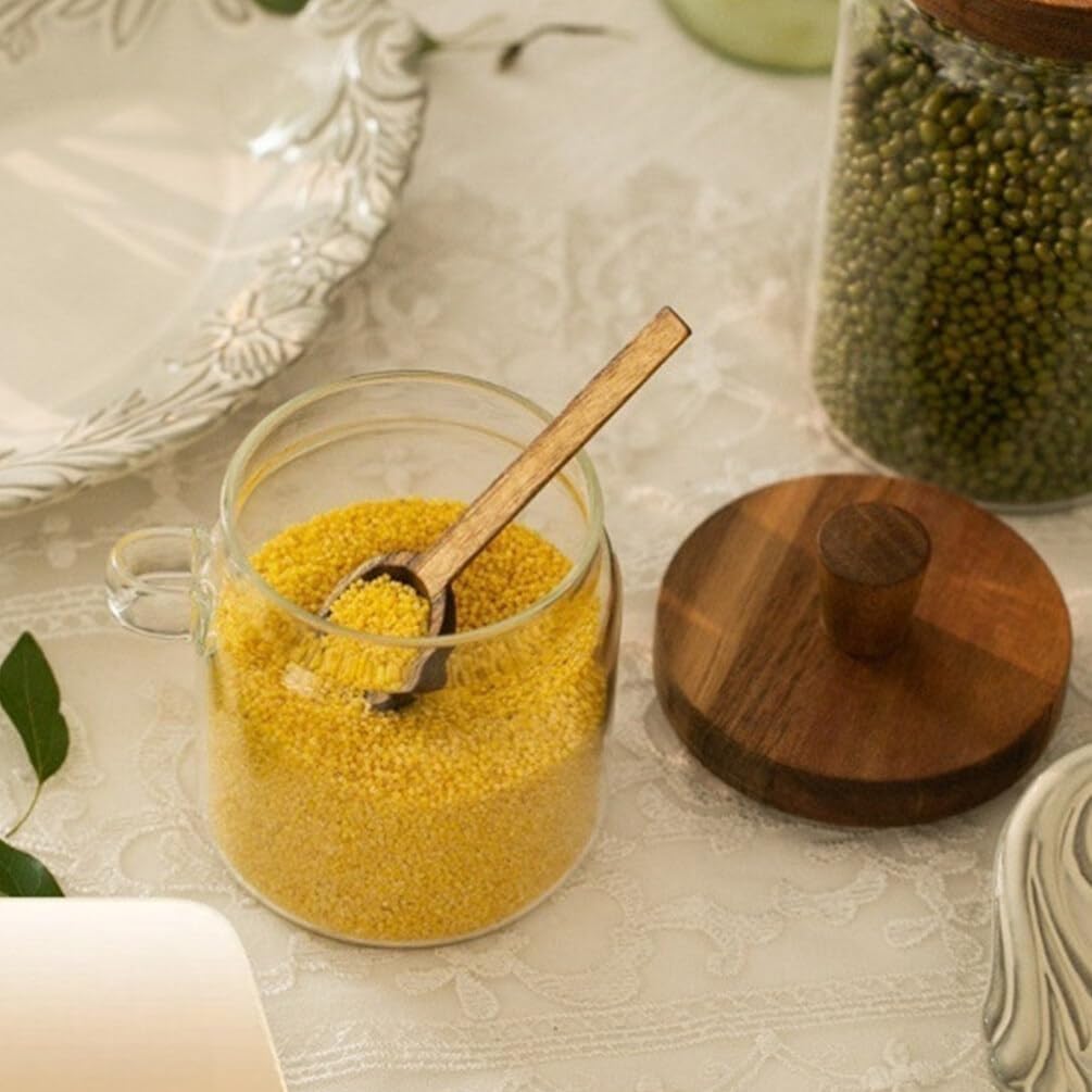 MIUVA Set of 4 Coffee Jars, Tea Canister Glass Food Storage Jar with Wood Lid and Spoon Airtight Sealed Clear Canister Kitchen Storage Jar Container for Coffee Bean Loose Tea Nuts Coffee Sets Stock Up Value Pack Spring Kitchen Gadgets