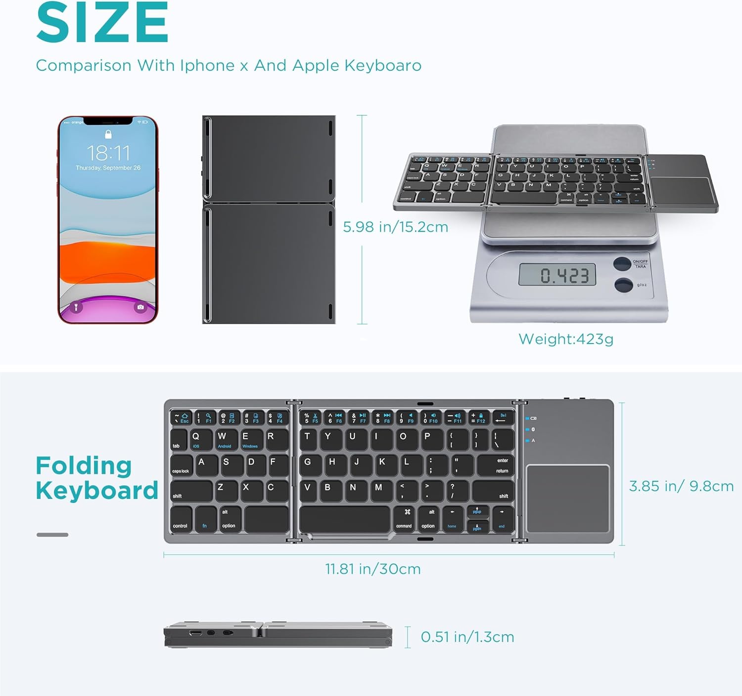 Foldable Wireless Keyboard, Rechargeable Portable Mini Folding Keyboard for iPad, Tablet, Phone, Windows, Android & iOS Devices, Compact Travel Keyboard