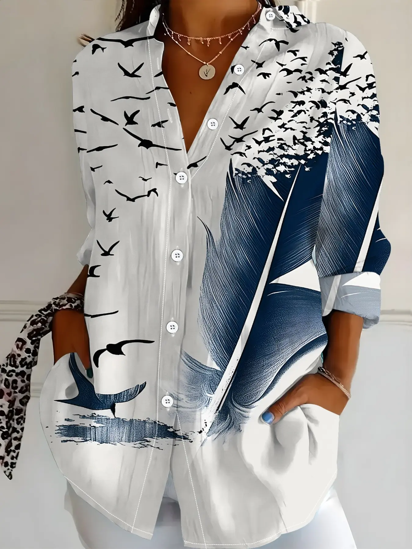 2026 New Women's Vintage Feather Bird Pattern Blouse, Stand Collar Single Button Long Sleeve, Casual Loose-Fit Shirt for Vacation Style