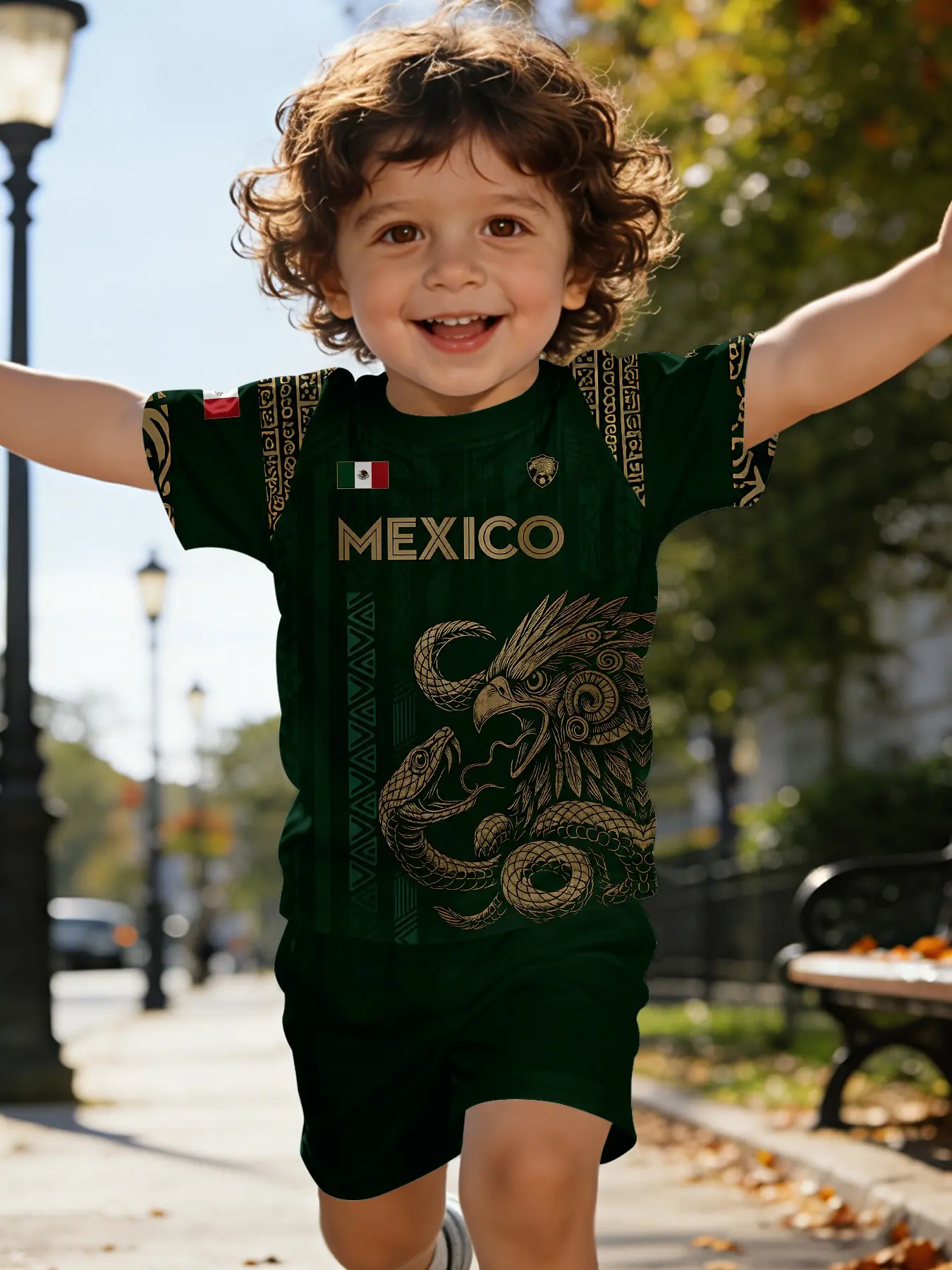 Casual Short-Sleeve Set, Baby Boys' Cartoon Top with Golden Eagle and Snake Totem Prints on Dark Green Background, Suitable for Daily Wear and Outdoor Activities, Made of 100% Polyester, Toddler Summer Outfits, Baby Boy Clothes