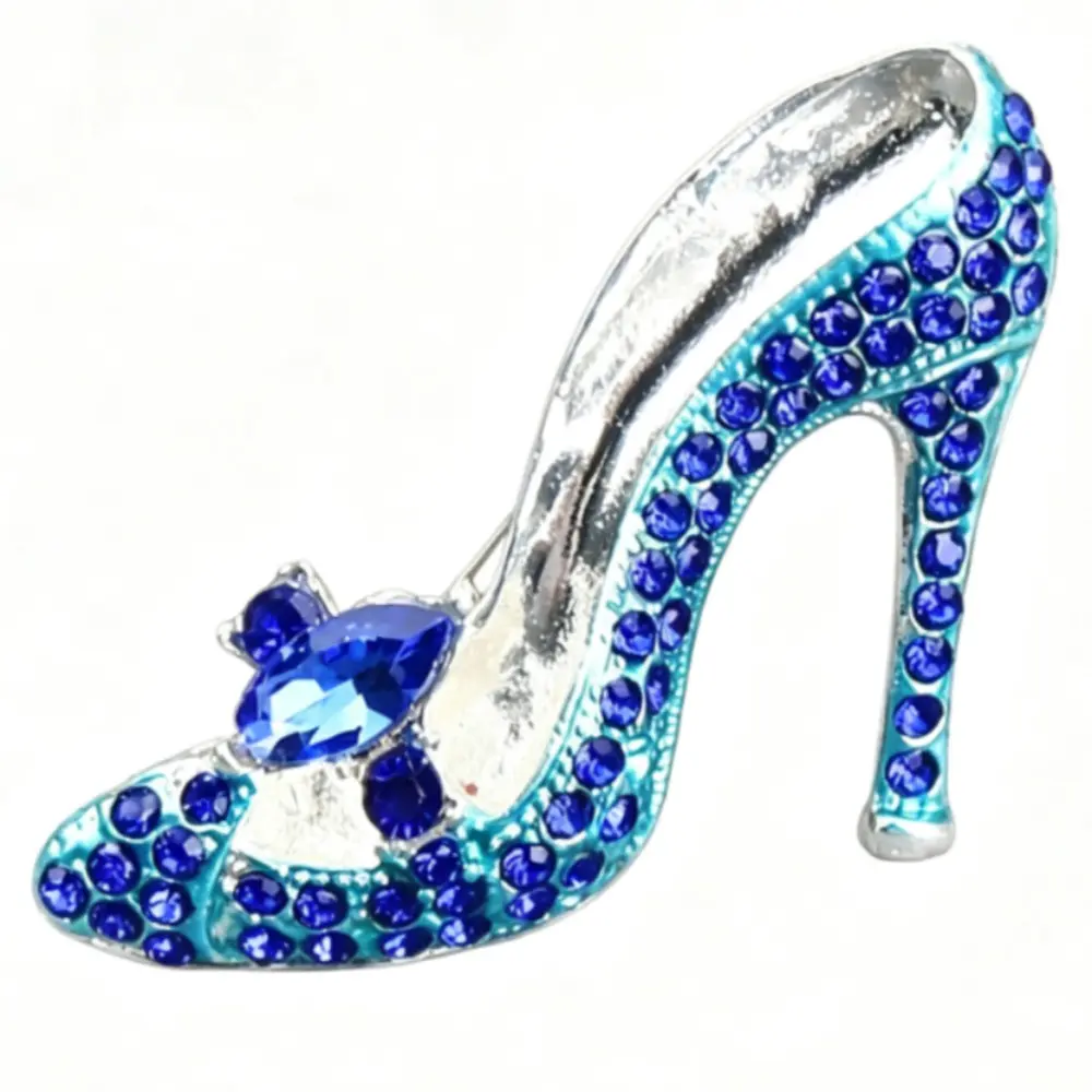 Silver High Heel Brooch Paved Sapphire Blue Crystal Vintage Fairy Tale Glass Slipper Women Suit Lapel Pin