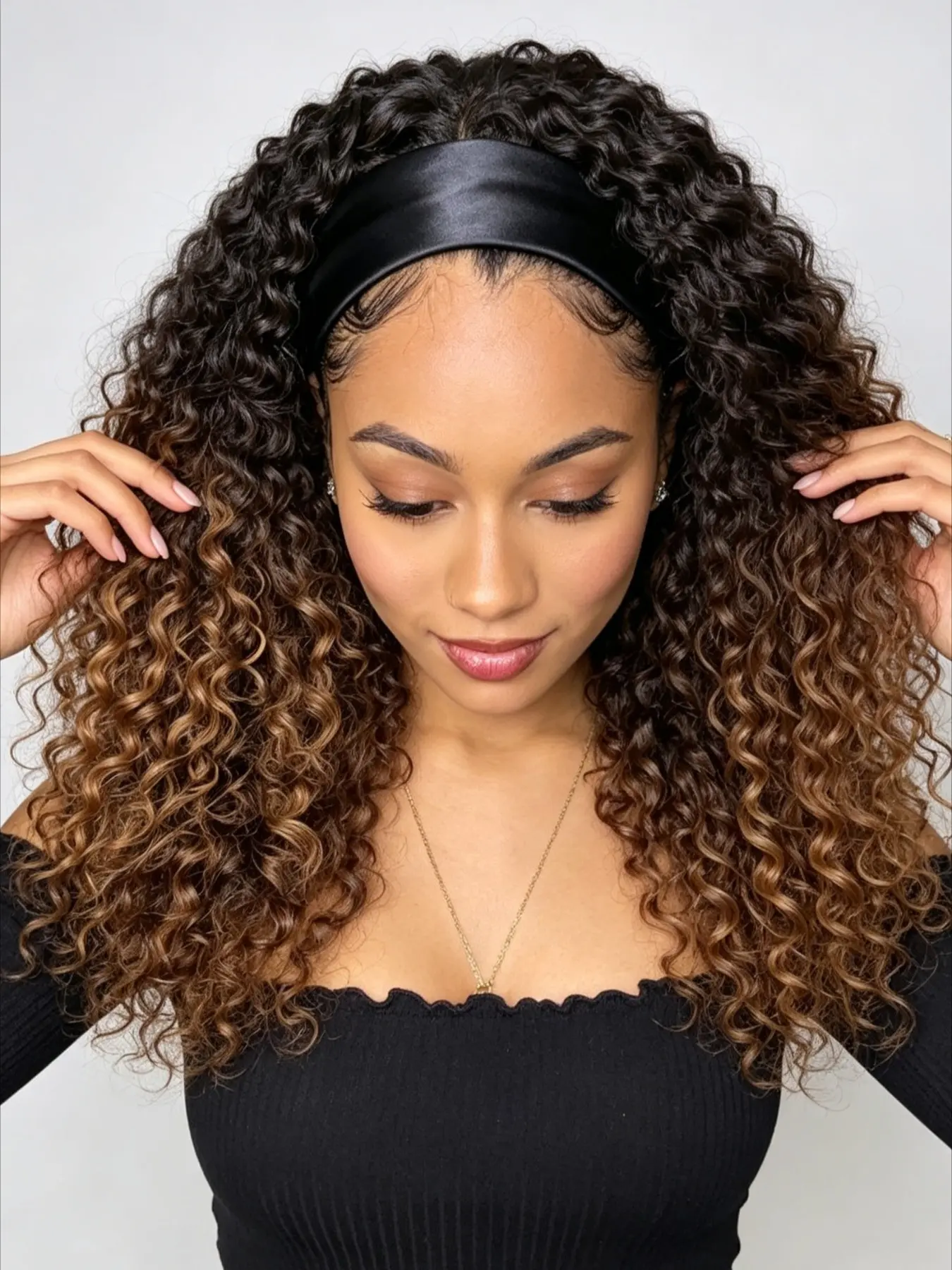 Glueless None Lace Front Headband Wig 16 Inch – T1B/30 Brown Ombre Jerry Curly Synthetic Hair, 200% Density Kinky Curly, Easy Wear No Glue No Lace, Beginner Friendly Daily Wig