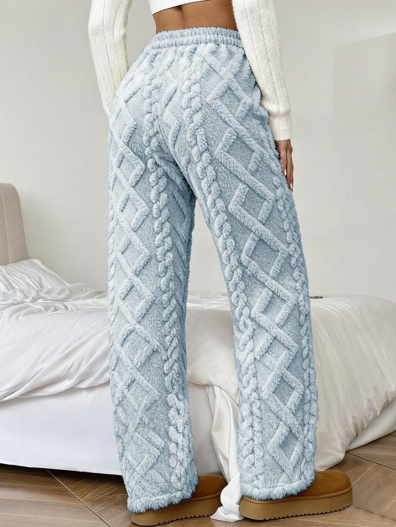 Women's Winter -Lined Casual Pants, Jacquard Fabric, Drawstring Waist, Suitable for Winter Home and Outdoor Wear