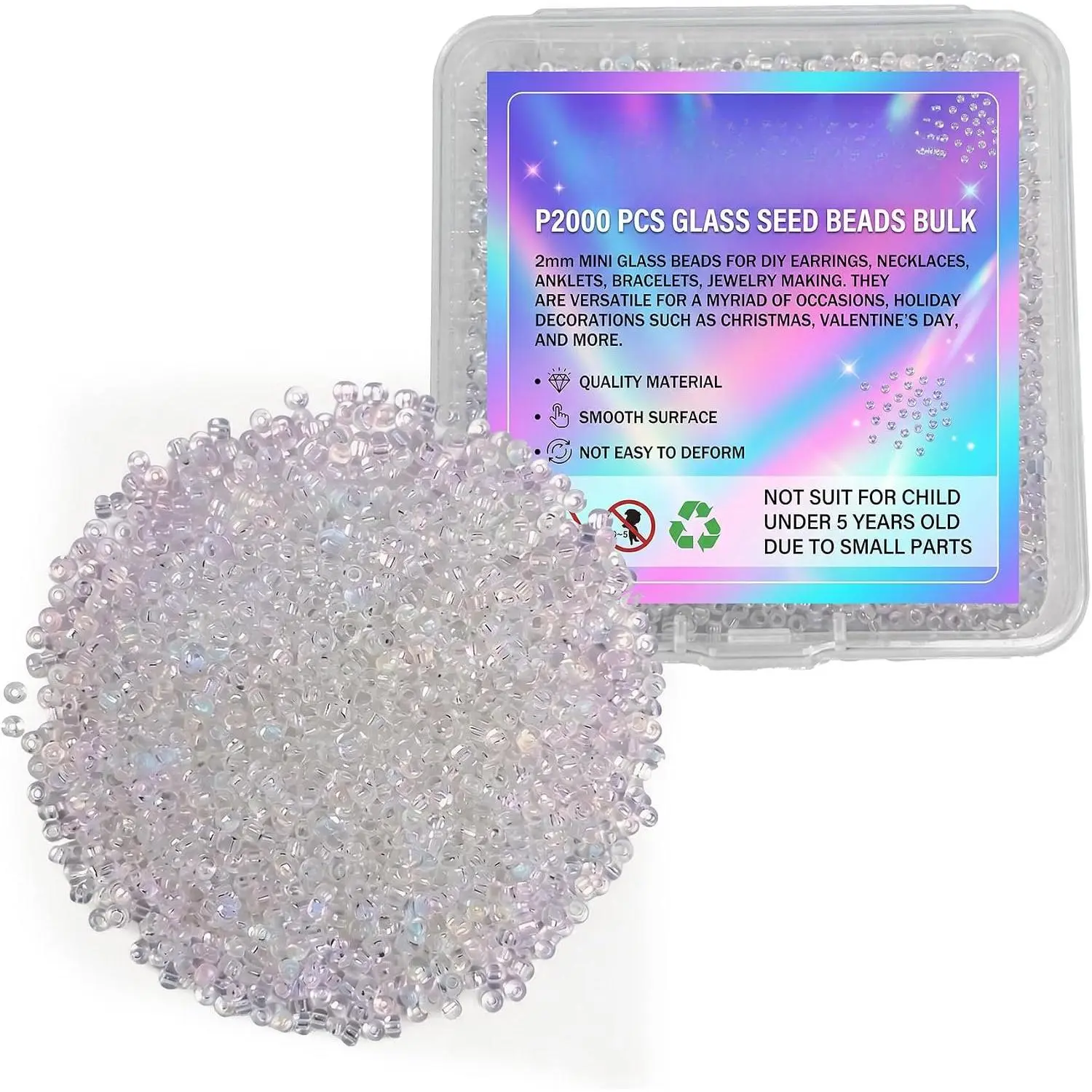 2mm Clear AB Glass Seed Beads Bulk, 2000 count 12/0 Small Glass Bugle Beads | Small Round Beads for Craft Projects DIY  Necklaces, Earrings, Rings,  Making
