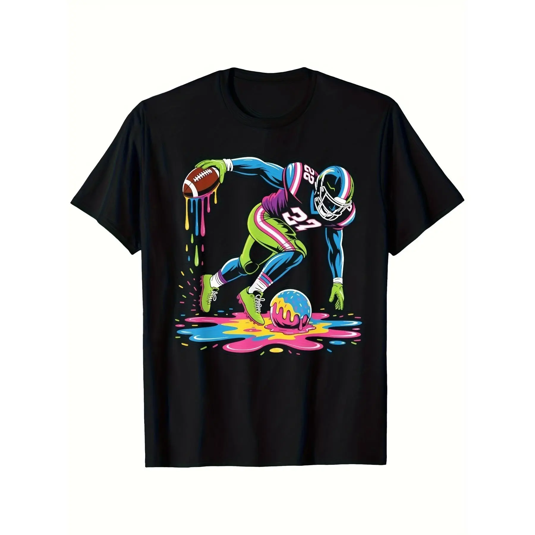 Women's Football Drip Art Print T-Shirt - Polyester-Cotton Blend, Colorful Player Design, Round Neck, Short Sleeve, Simple Stylish Casual Wear, Sports Lover Gift