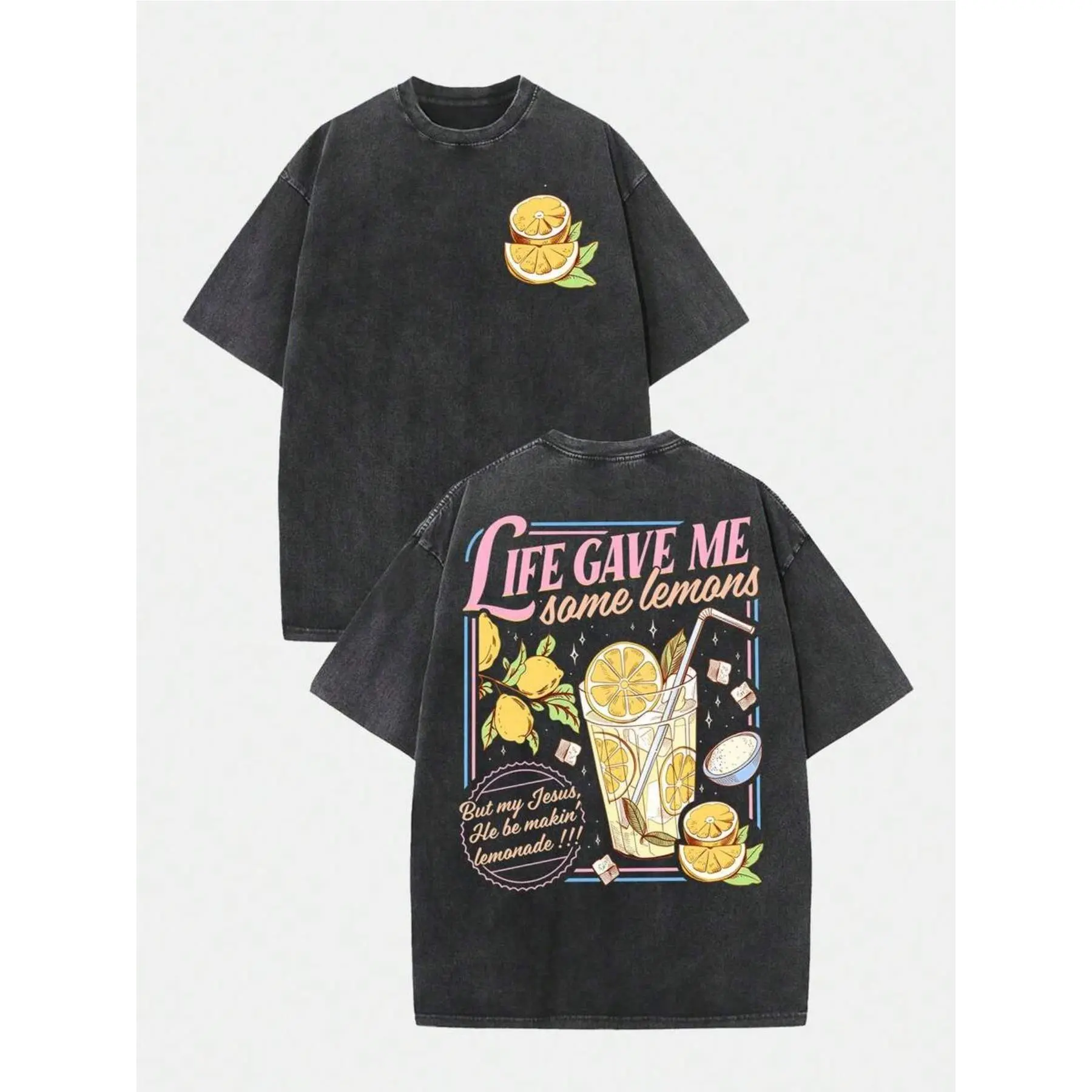 Vintage Distressed Washed Unisex Heavyweight 230g Combed Cotton T-shirt, Breathable, Loose-fitting Short-sleeved Top, Trendy and Stylish, Featuring a "Life Gave Me Some Lemons" Jesus Lemonade Pattern. Perfect for Summer Casual Streetwear