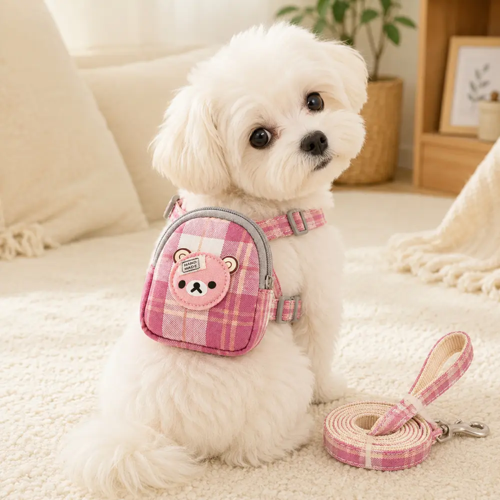 Dog Vest Harness with Adjustable Backpack & Leash, Pet Walking Accessory for Small Dogs & Puppies (Poodles, Bichons, Pomeranians)