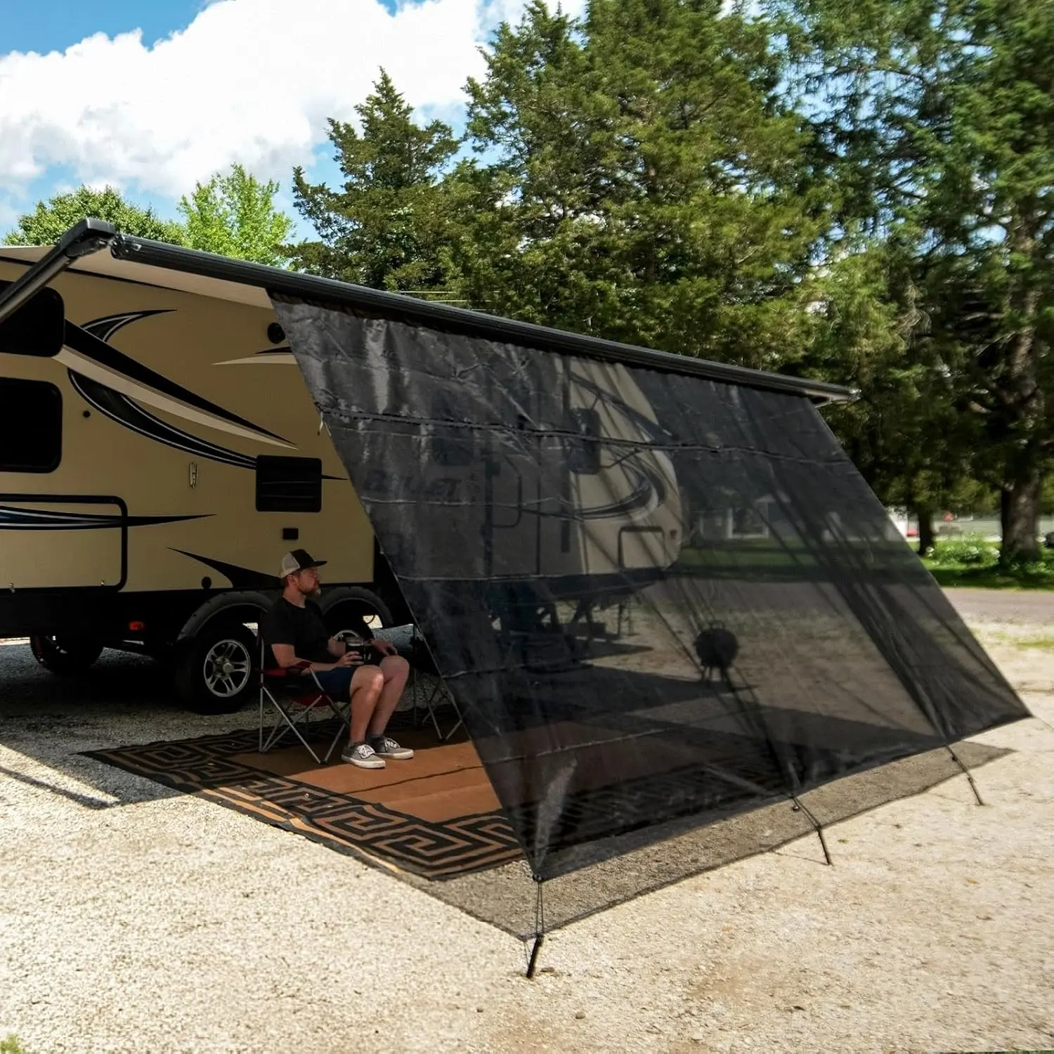RV Awning Shade Screen with Zipper, 8'X15'3" RV Awning Front Shade Screen, Black Mesh UV Blocker Sunshade Complete Kits for RV Camper Motorhome Trailer, Black