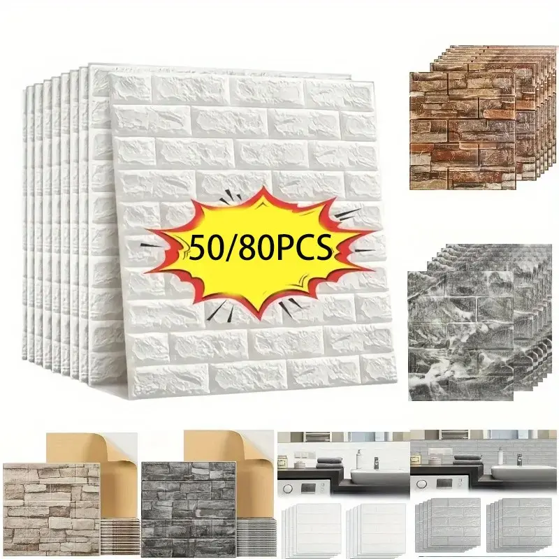 50/80 Piece Classic PVC & Pe Splashproof Wall Stickers, Removable Marble Tile Pattern, Self-Adhesive Waterproof Vinyl Decor, Stick On Backsplash for Kitchen Bathroom Home