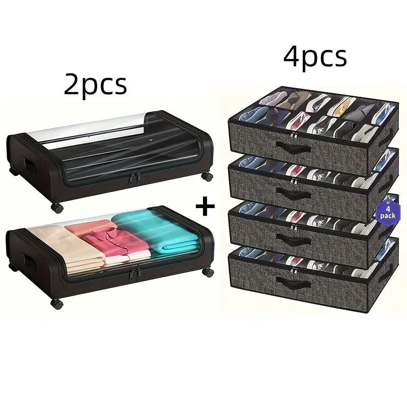 Under Bed Storage Set, 2pcs Wheeled Under Bed Storage Bins + 4pcs Foldable 12-Compartment Under Bed Shoe Organizers, Clear Window Underbed Storage Boxes for Clothing, Blankets, Shoes, Comforters, Pillows, Books