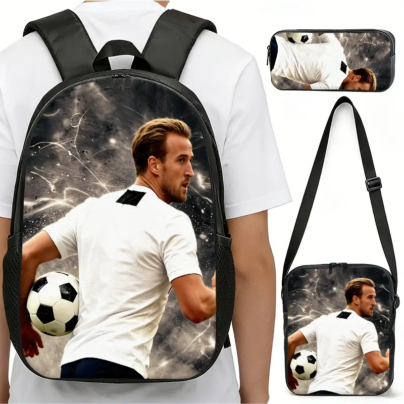 Durable Water Resistant 3-Piece Backpack Set, Backpack + Insulated Lunch Bag + Pencil Case, Harry Kane Dynamic Ball-holding Motion Textured Grey Background Print, Breathable Padded Straps
