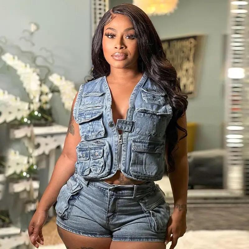 two-piece set woman Multi Pockets Denim Shorts Outfit Sexy Women Elegant Two Pieces Jeans Club Macthing Jacket+Shorts