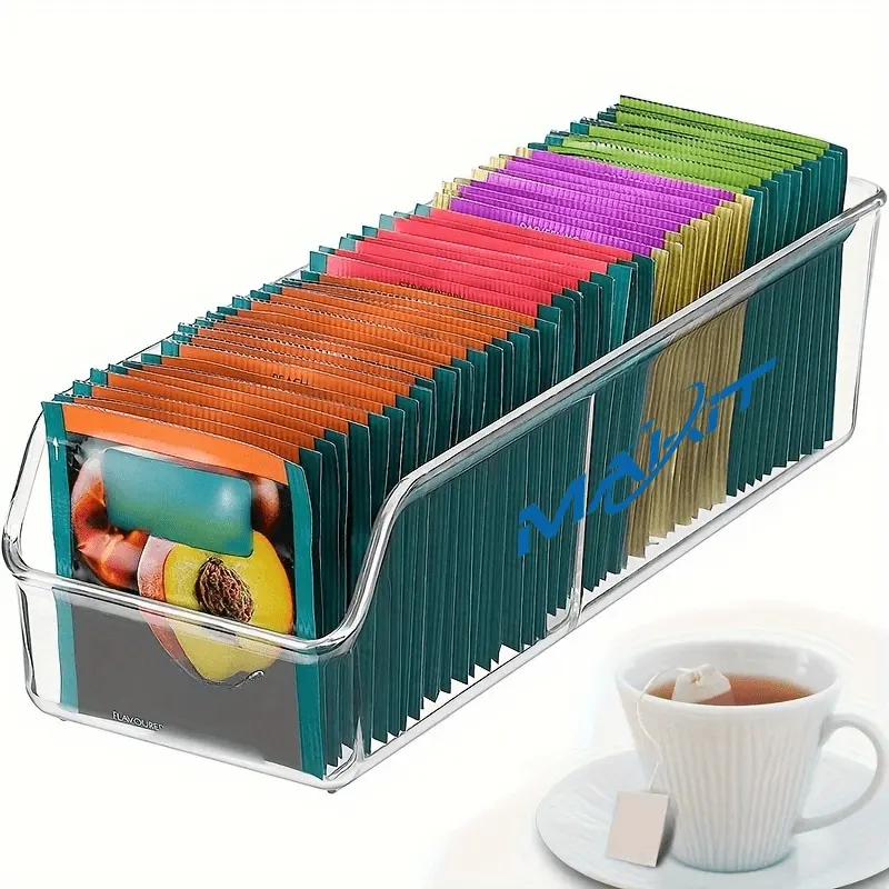 Makit 1pc Clear Acrylic Storage Tea Bag Organizer Box, Multifunctional Countertop Cabinet Storage Holder, Durable Transparent Container for Tea Bags Sugar Coffee Spices, Space-Saving Kitchen Pantry Home Storage Accessory