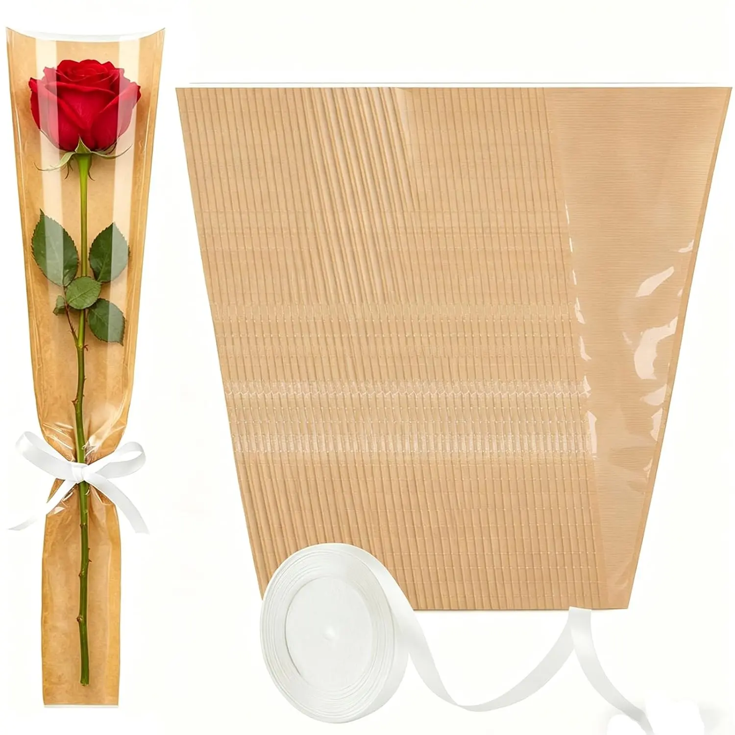 50 count Flower Bags for Bouquets, Flower Wrapping Paper  Floral Wrap Sleeves with Ribbons for Birthday Wedding Christmas , Florist Wrap Supplies,15.7 * 4.7inch(Brown)