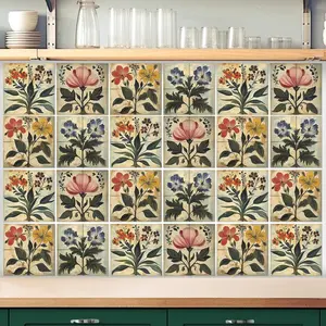 24 count Flower Tile Stickers 4x4 Inch Watercolor Retro Rustic Floral Peel and Stick Removable Self Adhesive PVC  Tile Stickers  Wall Art Decal for Kitchen Bathroom Backsplash