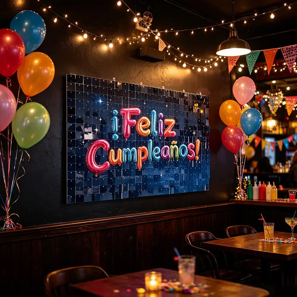 Spanish Happy Birthday Background, 18 Glitter Wind Panels Shimmer Wall, Starry Night Balloon Banner, Party Decor for Adults and Kids, Photo Booth Backdrop