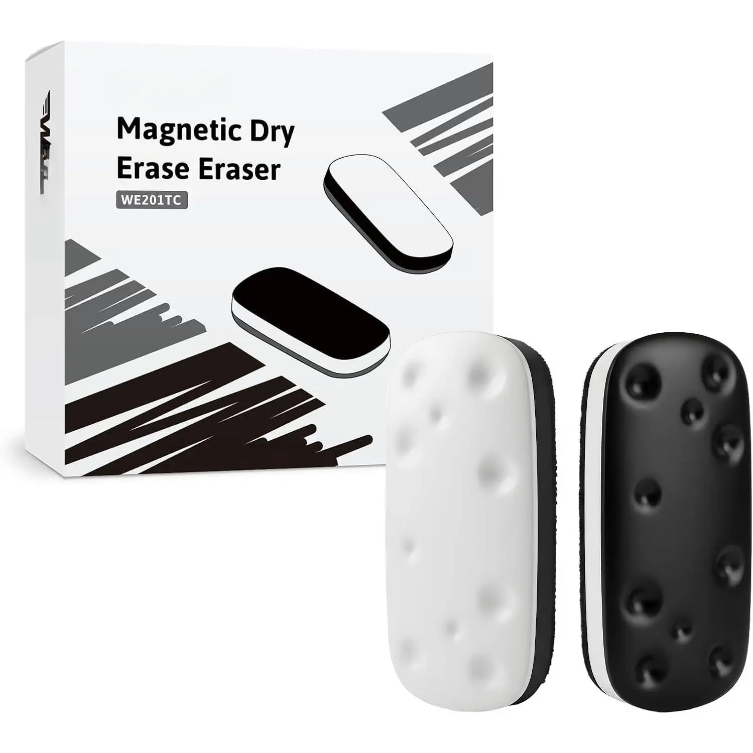 Dry Erase Eraser for Glass Whiteboards,White Board Erasers with  , 2-Pack, Black + White, for Office, Classroom,  (WE201)