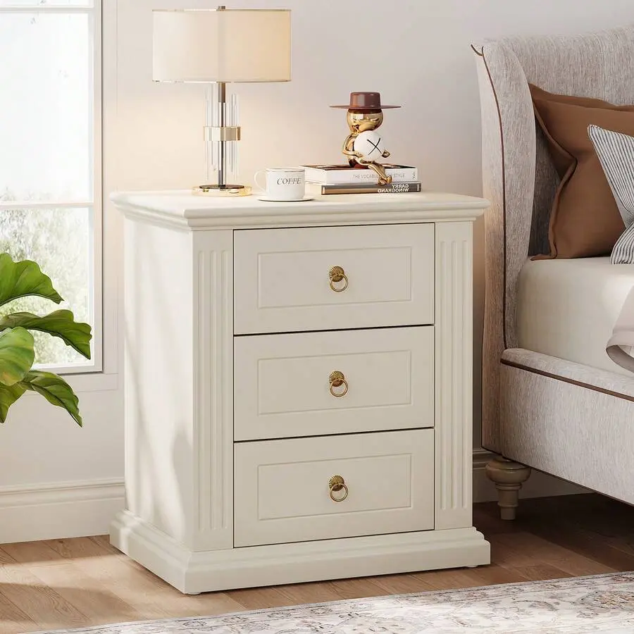 European Romantic 3-Drawer MDF Nightstand, Beige Wood Bedside Table with Storage Drawers, Indoor Furniture for Bedroom & Corridor, Includes Screws, Modern