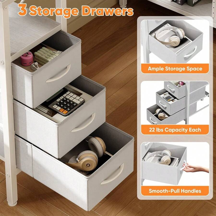 L-Shape White Corner Desk, Gaming/Computer/Study Table, 3 Sturdy Fabric Drawers (22LBS Each), 3 Outlets + USB + Type-C, Adjustable Open Shelves, Steel X-Bar, P2 MDF, Home Office Bedroom Use