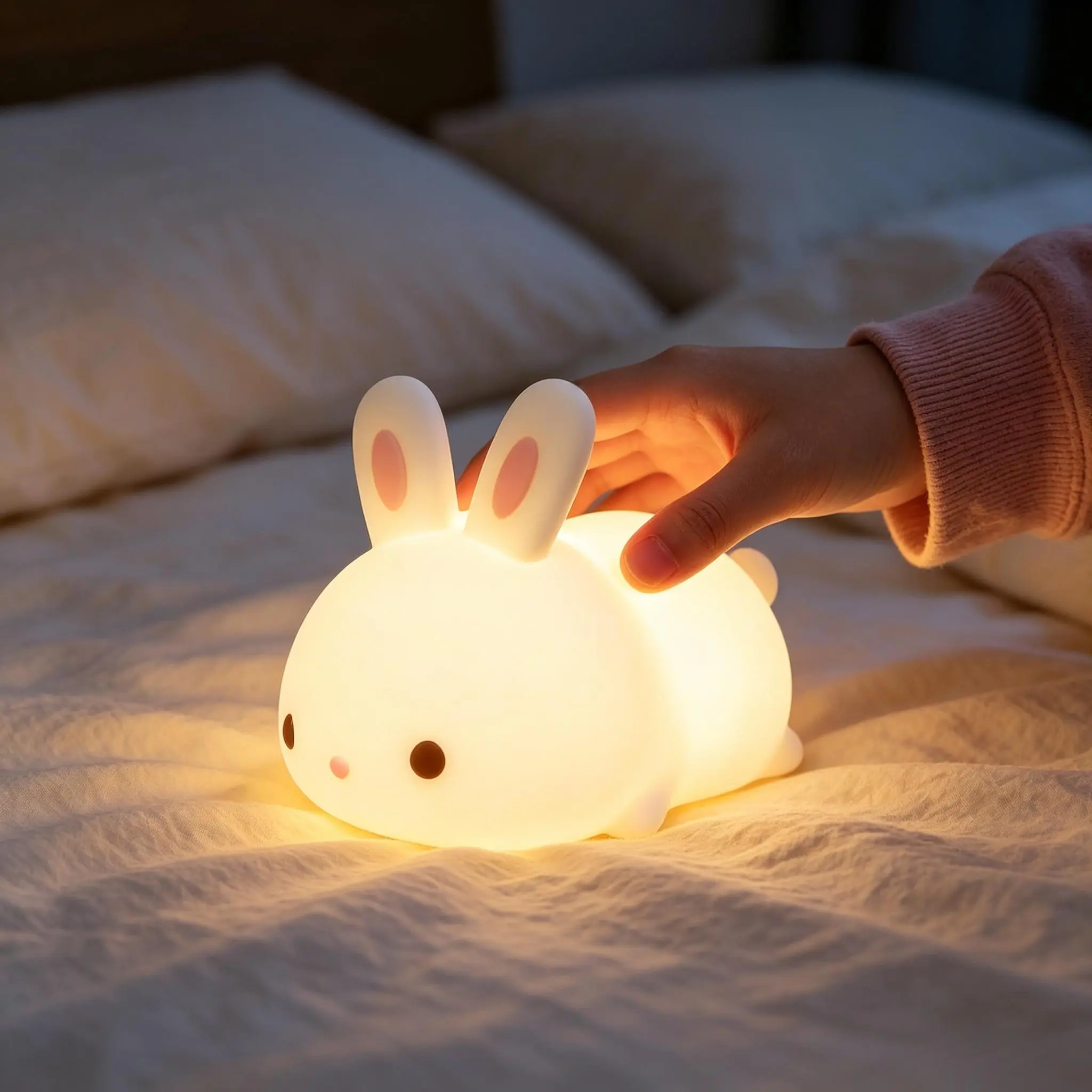 Cute Bunny Silicone Night Light, Color Changing Touch Control Lamp, 1200mAh Rechargeable Portable Dimmable Nightlight, Soft Squishy Animal Lamp, Ideal Christmas Birthday Gift