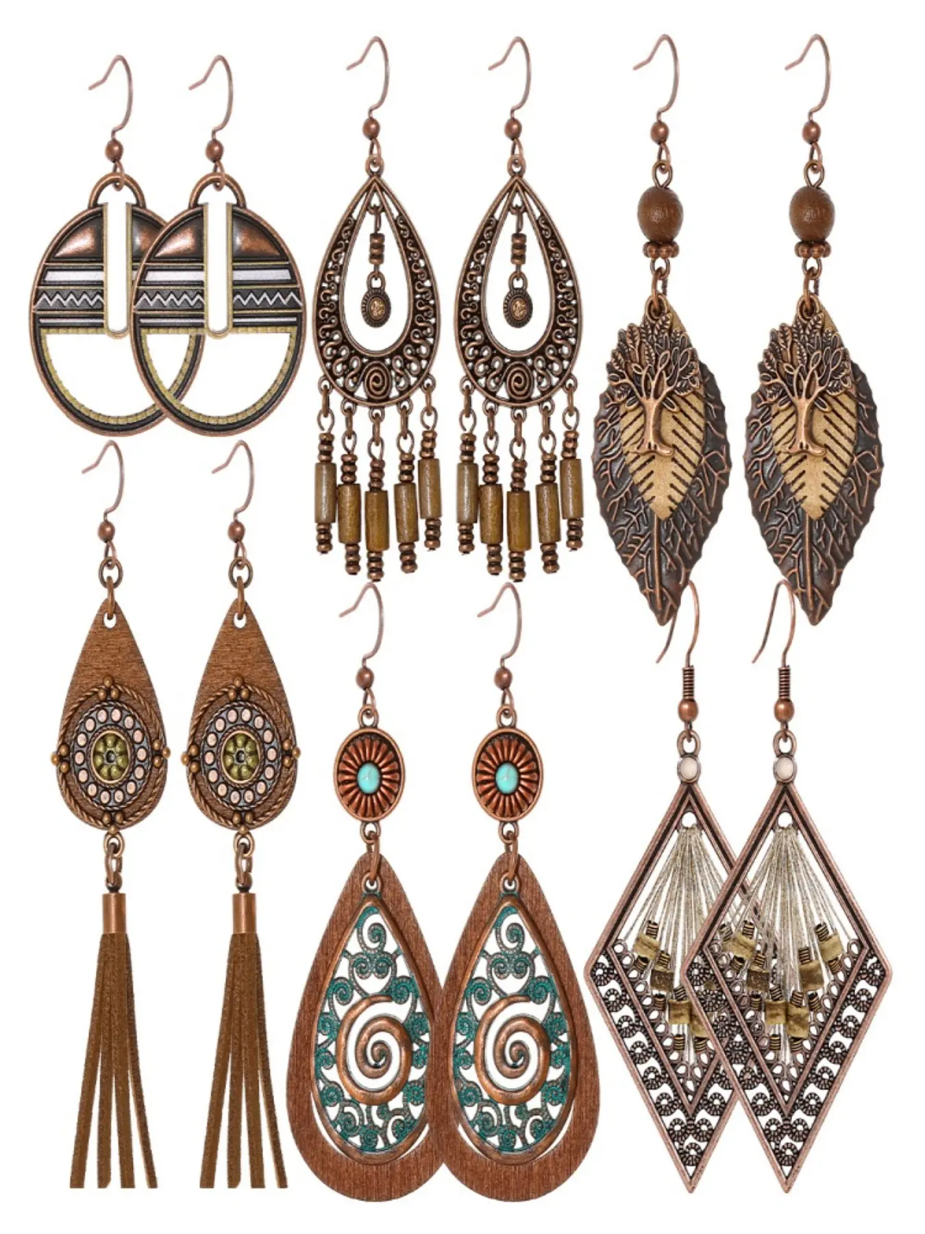 6 Pairs Vintage Dangle Earrings Set, Bohemian Style Flower Long Earrings, Teardrop Moon Ear Rings, Perfect Gift for Mother's Day, Christmas