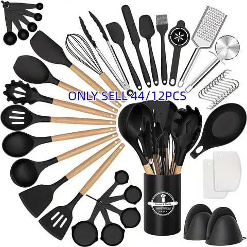 44-Piece Silicone Wooden Handle Cooking Spoons Set, Non-Stick Kitchen Utensils, Home Kitchen Use, Heat Resistant Baking Tools, Durable & Easy Clean Design, Durable Kitchenware, Kitchen Supplies