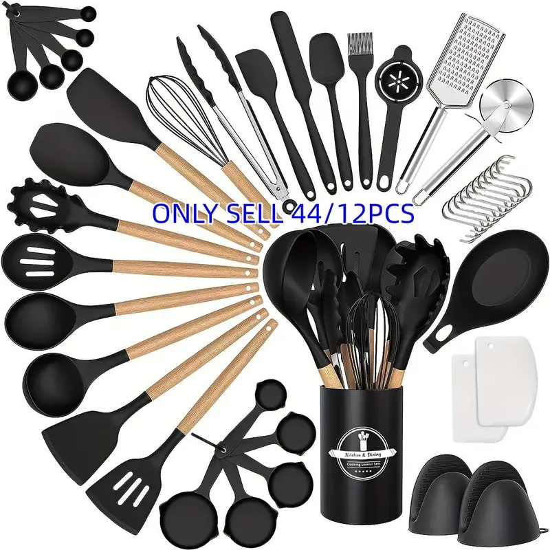 44-Piece Silicone Wooden Handle Cooking Spoons Set, Non-Stick Kitchen Utensils, Home Kitchen Use, Heat Resistant Baking Tools, Durable & Easy Clean Design, Durable Kitchenware, Kitchen Supplies